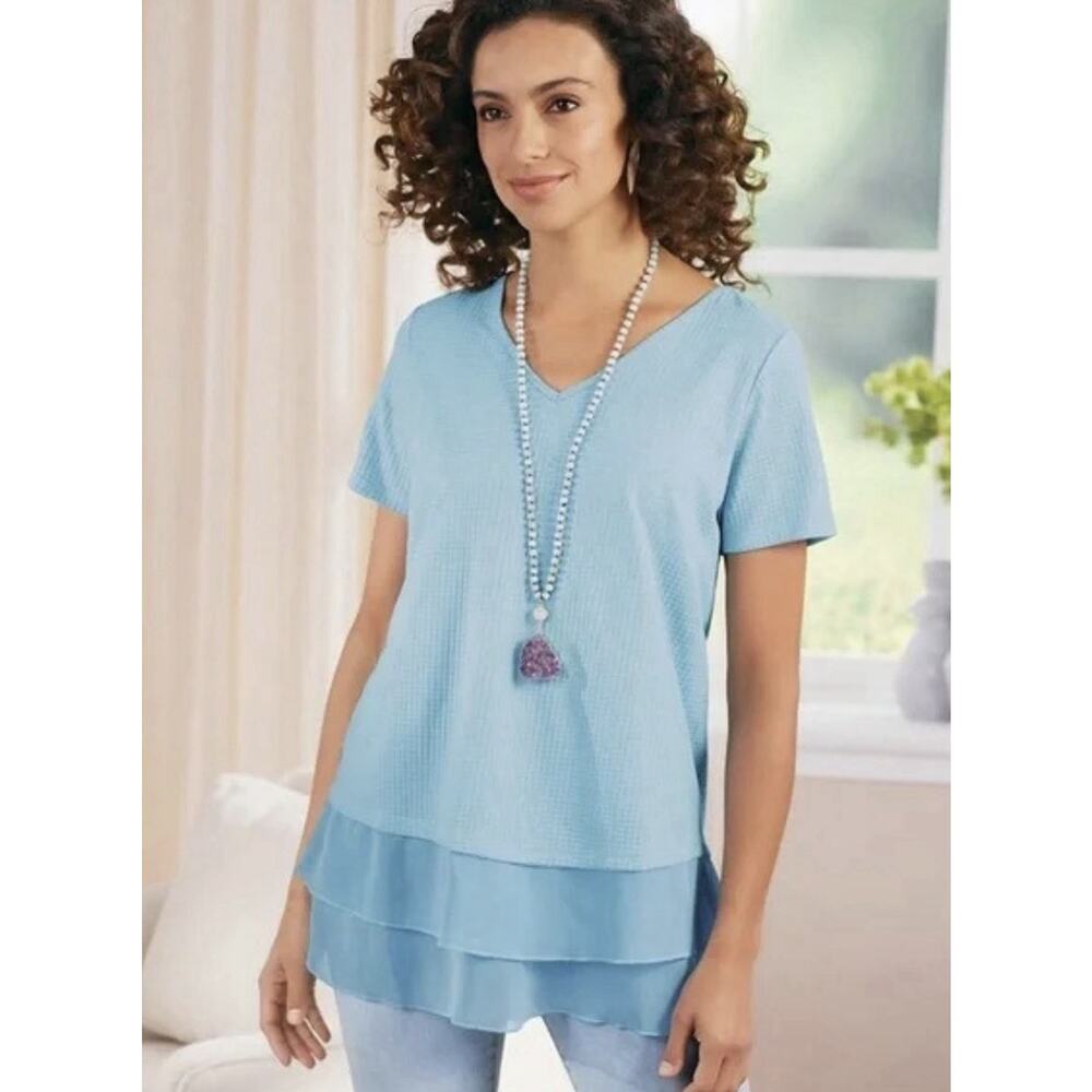 Soft Surrounding Light BlueTextured Knit Short Sleeve Top Women’s M Chiffon Hem